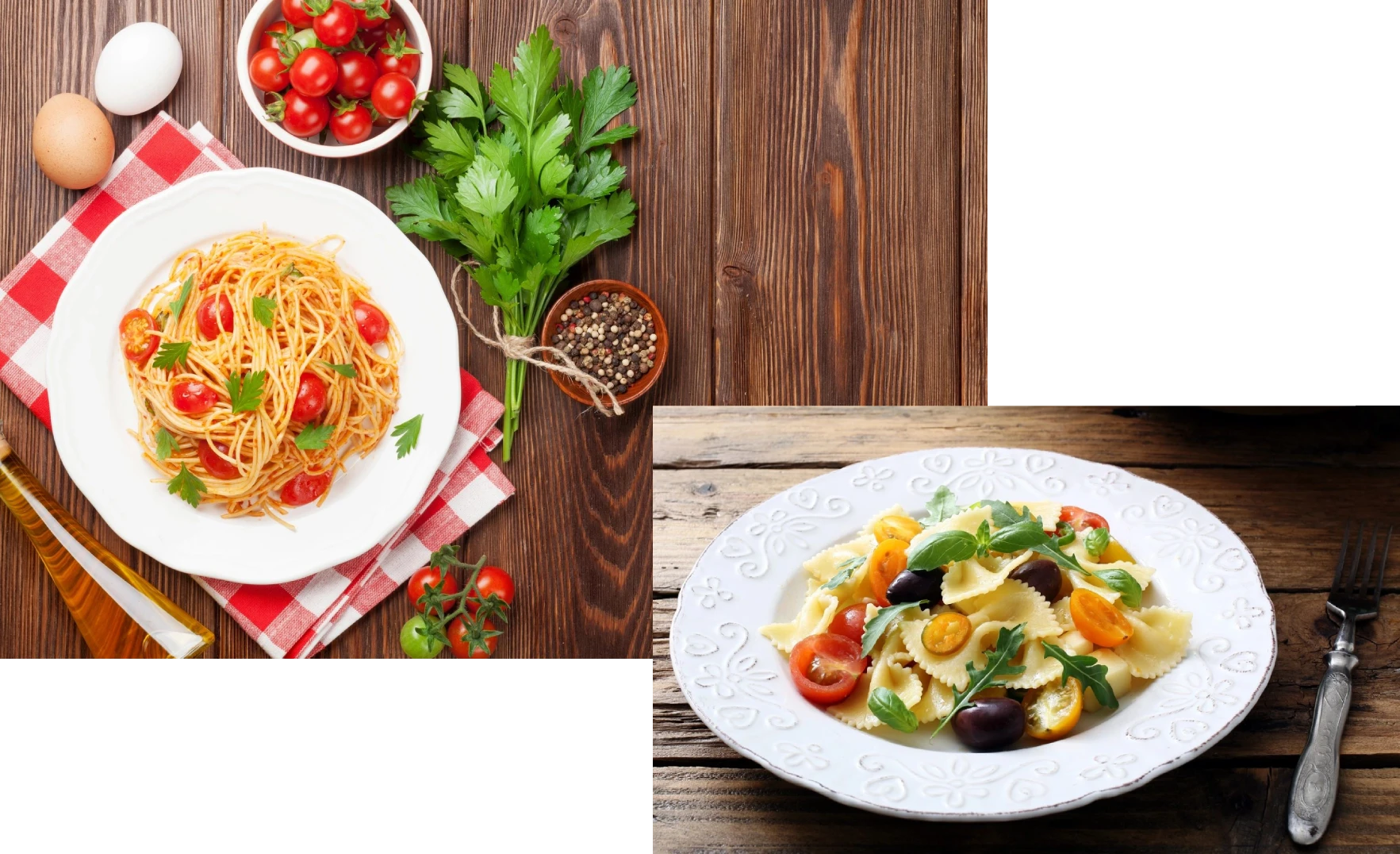Two plates of food on a table with tomatoes and basil.